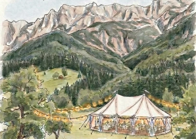 Aquarell: Festzelt mit Lichterketten auf einer Bergwiese vor dem Mangart